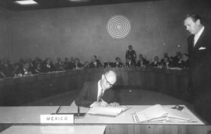 Alfonso García Robles signing the Treaty of Tlatelolco on behalf of Mexico 14 February 1967, Mexico City