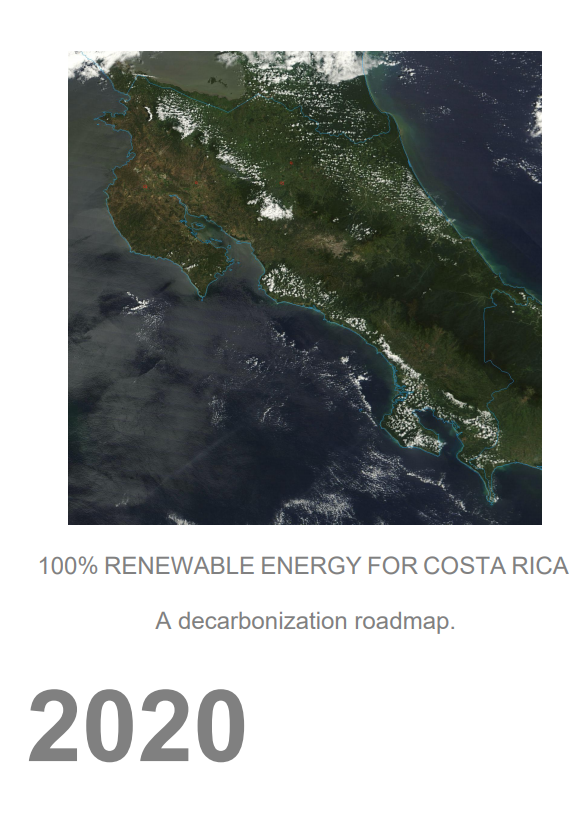 Cover of the report 100% Renevable Energy in Costa Rica - A Decarbonisation Roadmap. The cover shows the title and a satellite image of the country of Costa Rica